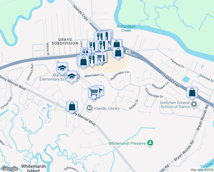 map of restaurants, bars, coffee shops, grocery stores, and more near 303 Mapmaker Lane in Savannah