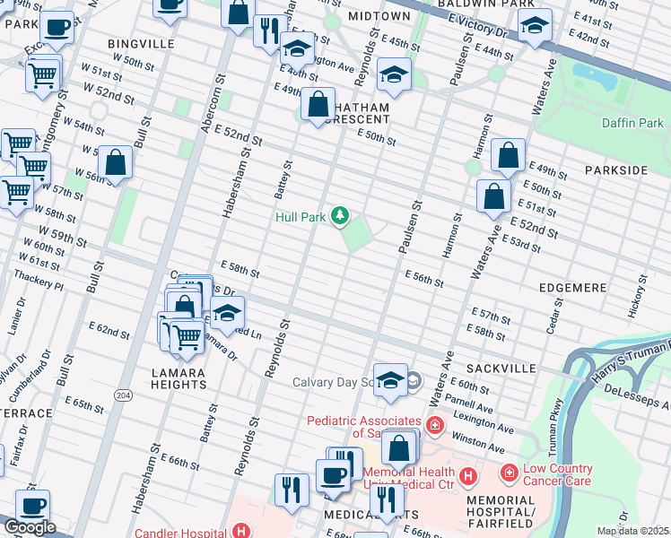 map of restaurants, bars, coffee shops, grocery stores, and more near 411 East 56th Street in Savannah