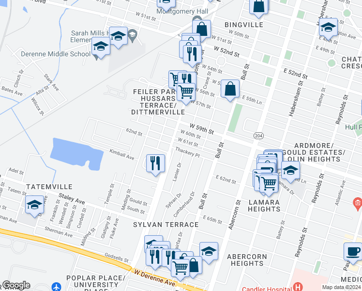 map of restaurants, bars, coffee shops, grocery stores, and more near 44 Thackery Place in Savannah