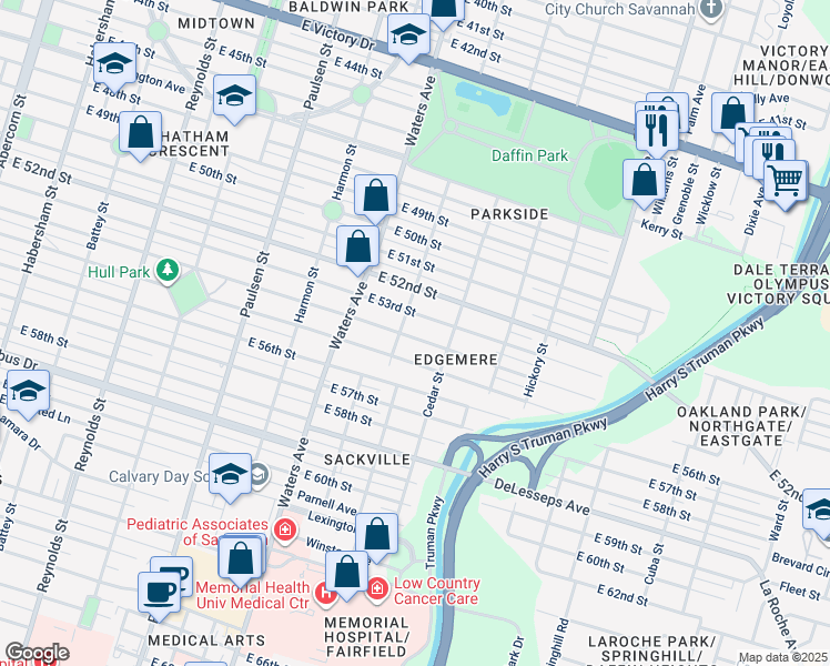 map of restaurants, bars, coffee shops, grocery stores, and more near 1214 East 53rd Street in Savannah