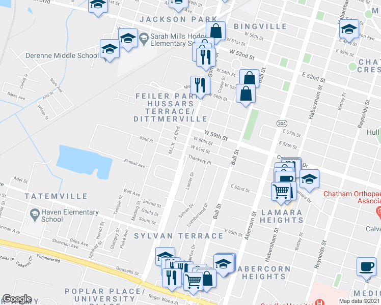 map of restaurants, bars, coffee shops, grocery stores, and more near 212 West 61st Street in Savannah