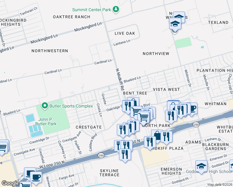 map of restaurants, bars, coffee shops, grocery stores, and more near 5006 Quartz Lane in Midland