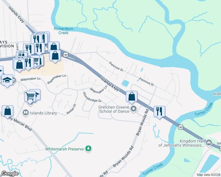 map of restaurants, bars, coffee shops, grocery stores, and more near 8 East Manta Cove in Savannah
