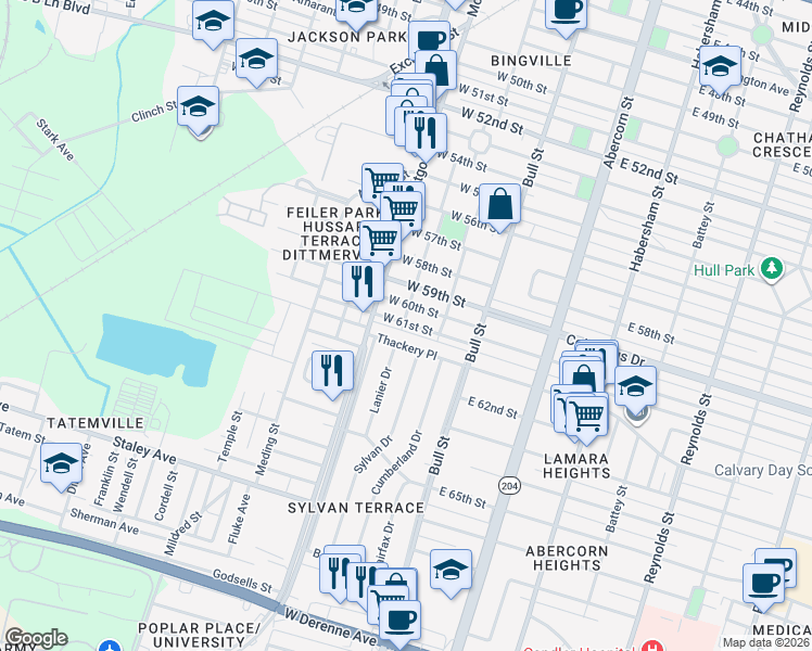 map of restaurants, bars, coffee shops, grocery stores, and more near 113 West 60th Street in Savannah
