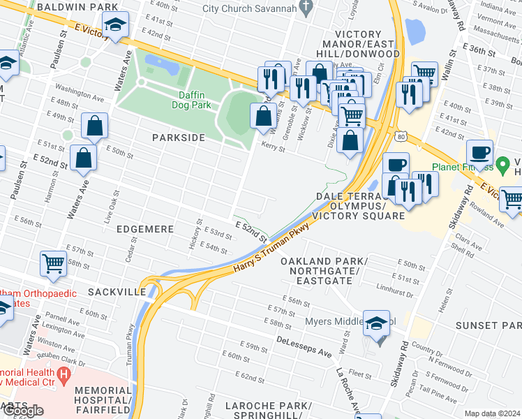 map of restaurants, bars, coffee shops, grocery stores, and more near 1630 East 51st Street in Savannah