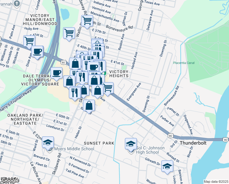 map of restaurants, bars, coffee shops, grocery stores, and more near in Savannah