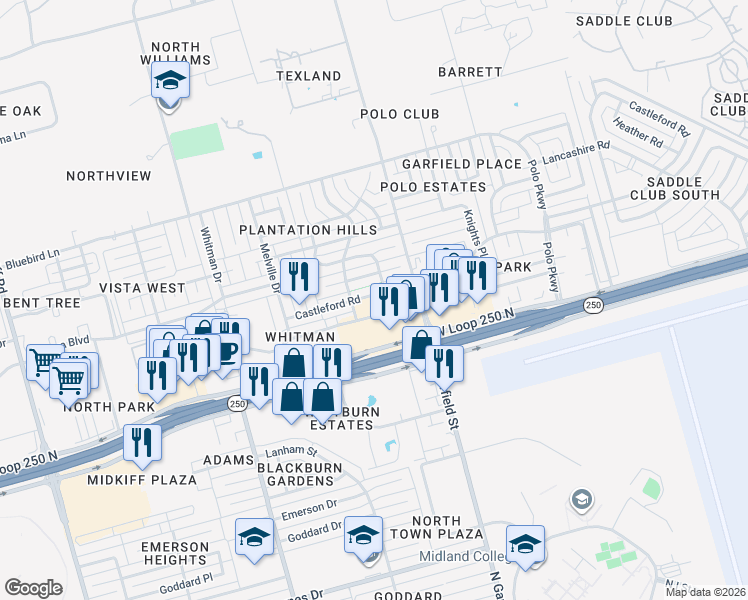map of restaurants, bars, coffee shops, grocery stores, and more near 2404 Castleford Road in Midland