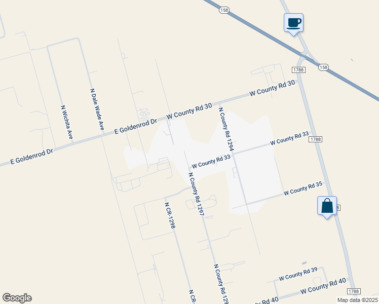 map of restaurants, bars, coffee shops, grocery stores, and more near 7198 North County Road 1297 in Midland