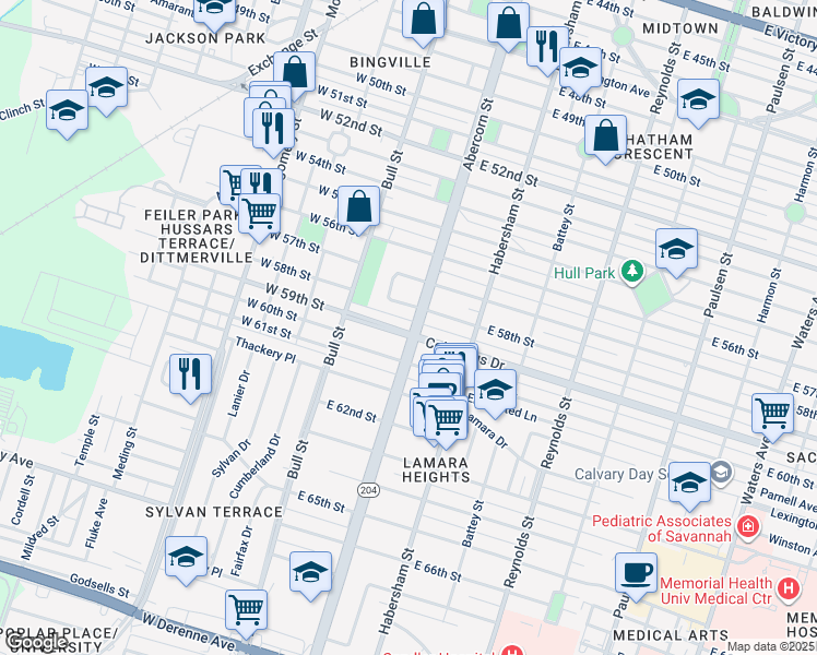 map of restaurants, bars, coffee shops, grocery stores, and more near 4140 Amsterdam Circle in Savannah