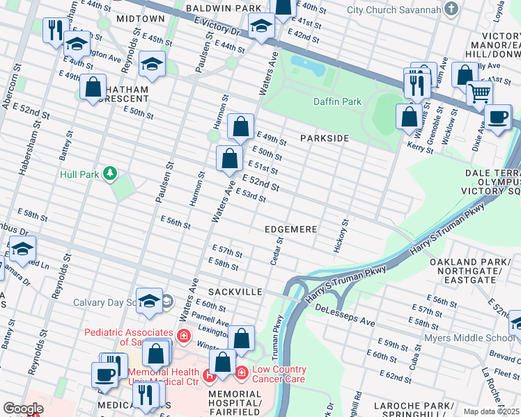 map of restaurants, bars, coffee shops, grocery stores, and more near 1125 East 53rd Street in Savannah