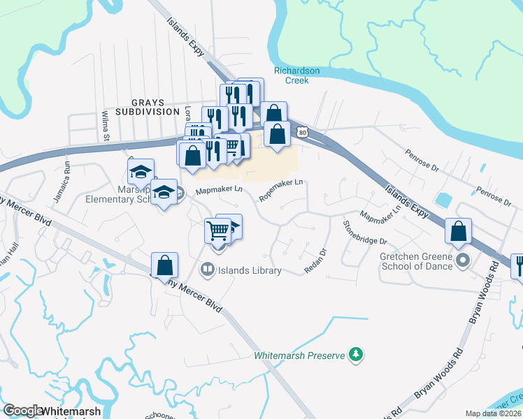 map of restaurants, bars, coffee shops, grocery stores, and more near 155 Ropemaker Lane in Savannah
