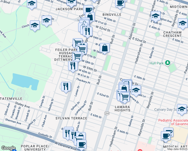 map of restaurants, bars, coffee shops, grocery stores, and more near 22 West 60th Street in Savannah