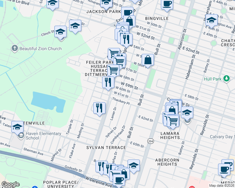 map of restaurants, bars, coffee shops, grocery stores, and more near 212 West 61st Street in Savannah