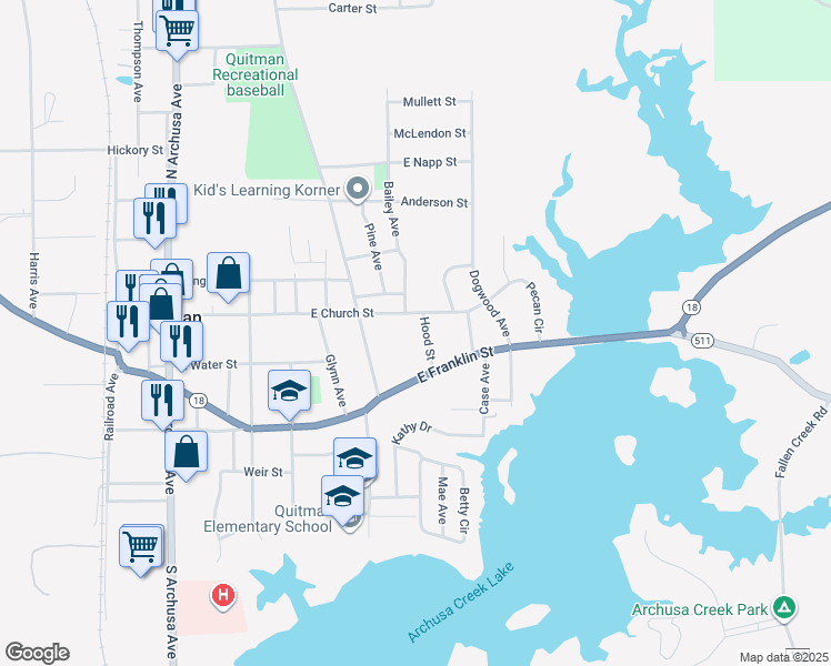 map of restaurants, bars, coffee shops, grocery stores, and more near 400-414 East Church Street in Quitman