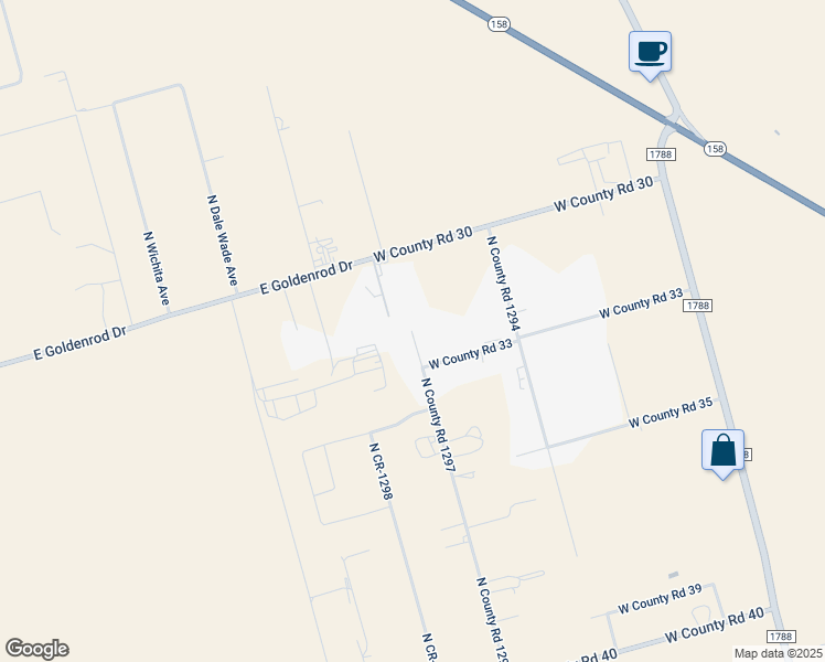 map of restaurants, bars, coffee shops, grocery stores, and more near 7198 North County Road 1297 in Midland