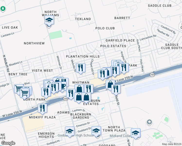 map of restaurants, bars, coffee shops, grocery stores, and more near 2502 Castleford Road in Midland