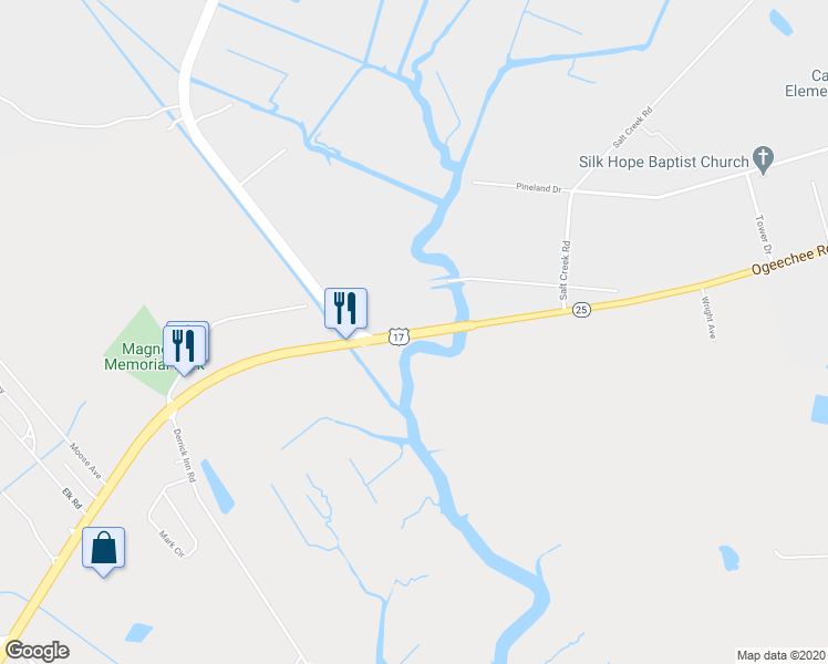 map of restaurants, bars, coffee shops, grocery stores, and more near 5410 Ogeechee Road in Savannah