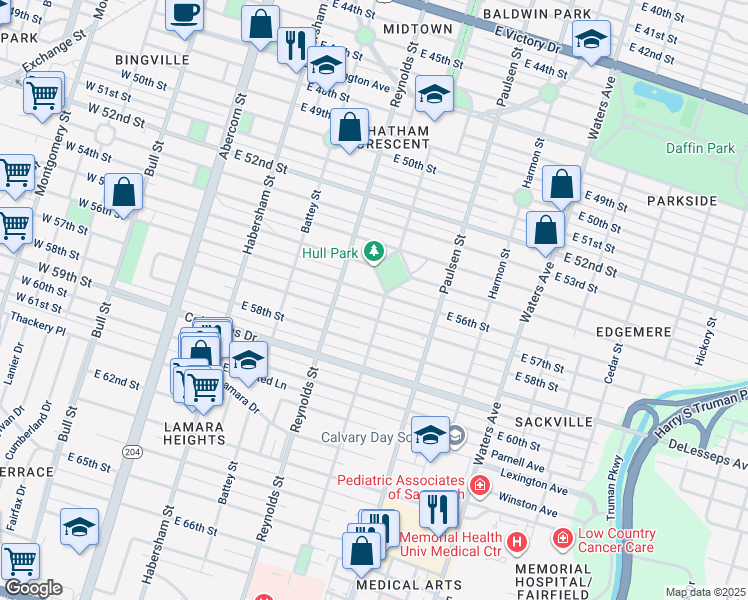 map of restaurants, bars, coffee shops, grocery stores, and more near 411 East 56th Street in Savannah