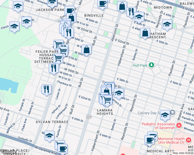 map of restaurants, bars, coffee shops, grocery stores, and more near 4140 Amsterdam Circle in Savannah