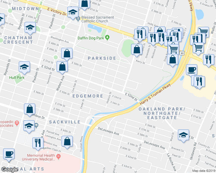 map of restaurants, bars, coffee shops, grocery stores, and more near 1418 East 52nd Street in Savannah