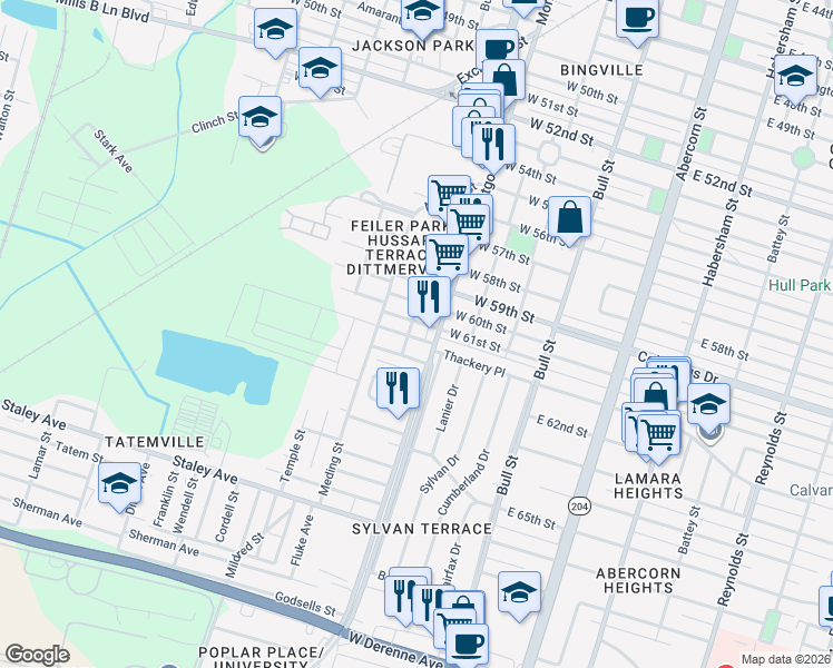 map of restaurants, bars, coffee shops, grocery stores, and more near 412 West 62nd Street in Savannah