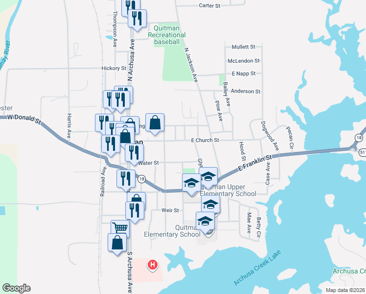 map of restaurants, bars, coffee shops, grocery stores, and more near 208-216 East Church Street in Quitman