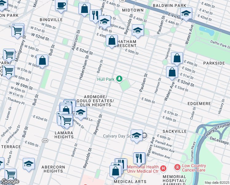 map of restaurants, bars, coffee shops, grocery stores, and more near 411 East 56th Street in Savannah
