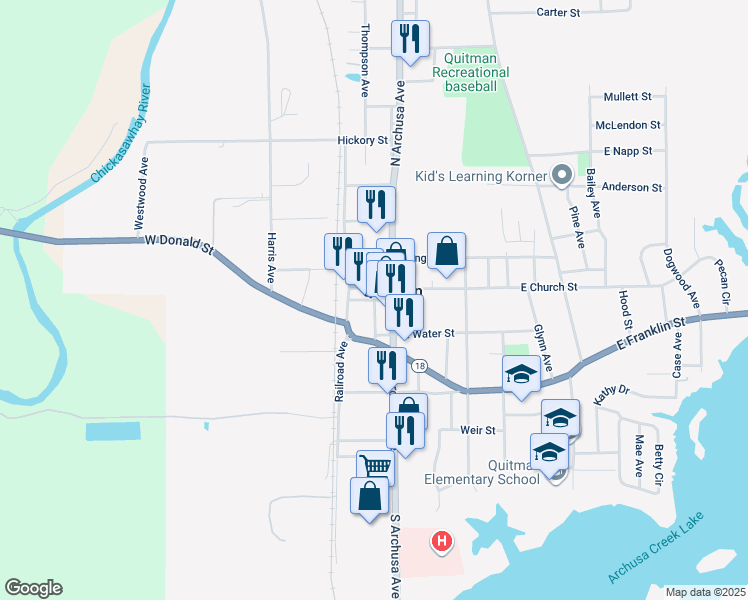 map of restaurants, bars, coffee shops, grocery stores, and more near Main Street in Quitman