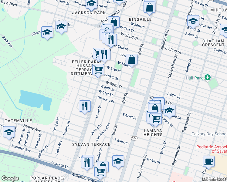map of restaurants, bars, coffee shops, grocery stores, and more near 113 West 60th Street in Savannah