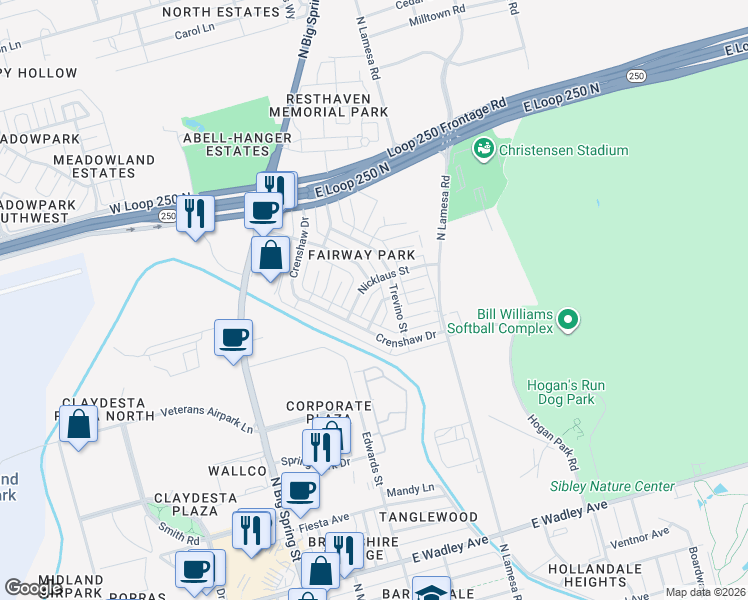 map of restaurants, bars, coffee shops, grocery stores, and more near 4306 Nicklaus Street in Midland