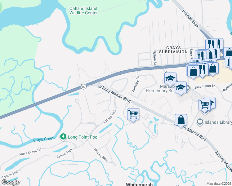 map of restaurants, bars, coffee shops, grocery stores, and more near in Whitemarsh Island