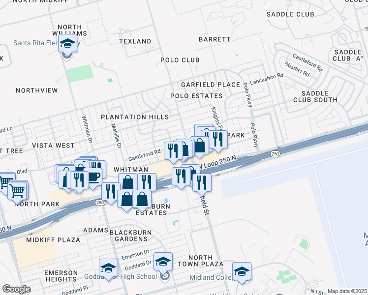 map of restaurants, bars, coffee shops, grocery stores, and more near 2303 Castleford Road in Midland