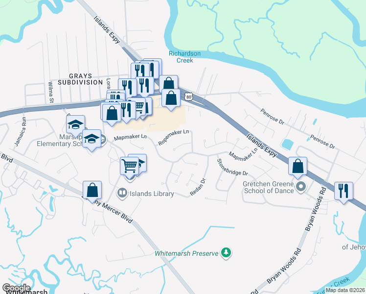 map of restaurants, bars, coffee shops, grocery stores, and more near 7 Ropemaker Court in Savannah