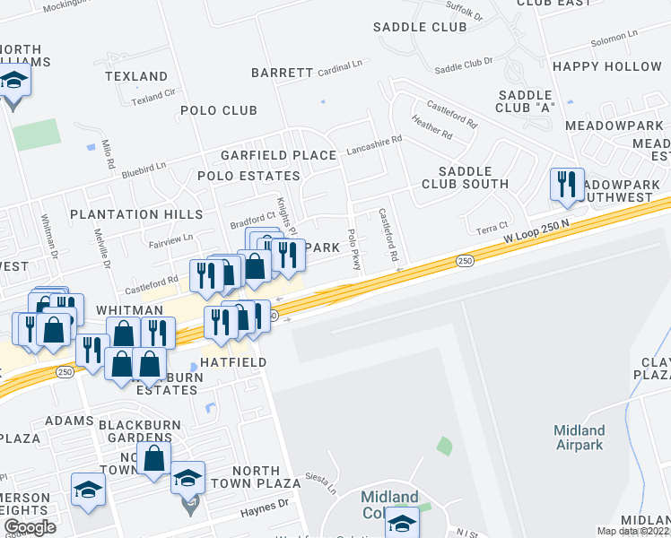 map of restaurants, bars, coffee shops, grocery stores, and more near 1808 West Loop 250 North in Midland