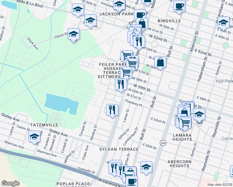 map of restaurants, bars, coffee shops, grocery stores, and more near 412 West 62nd Street in Savannah