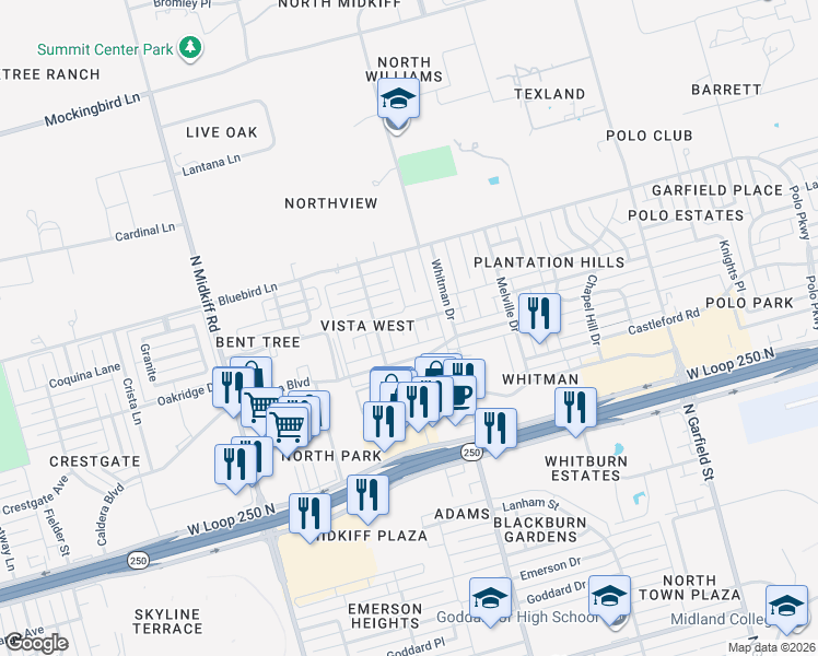 map of restaurants, bars, coffee shops, grocery stores, and more near 2814 Purple Sage Trail in Midland