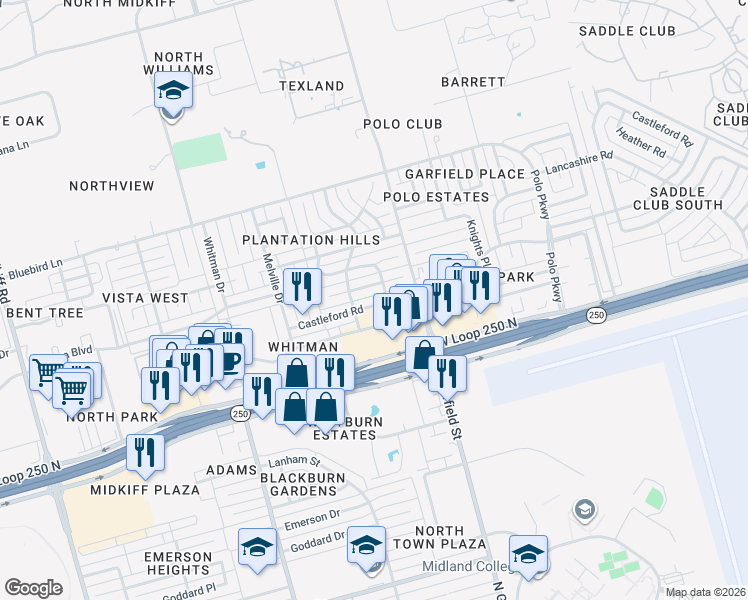 map of restaurants, bars, coffee shops, grocery stores, and more near 2404 Castleford Road in Midland
