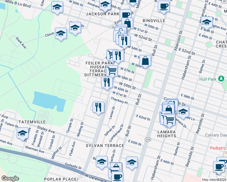 map of restaurants, bars, coffee shops, grocery stores, and more near 212 West 61st Street in Savannah