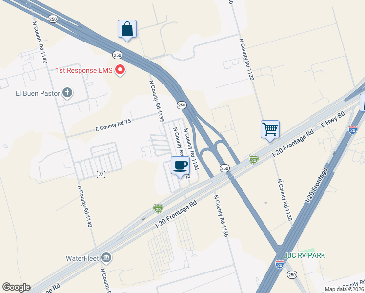 map of restaurants, bars, coffee shops, grocery stores, and more near 2208 North County Road 1134 1/2 in Midland