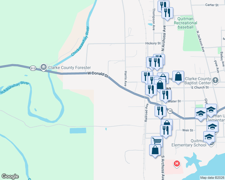 map of restaurants, bars, coffee shops, grocery stores, and more near 401 West Donald Street in Quitman