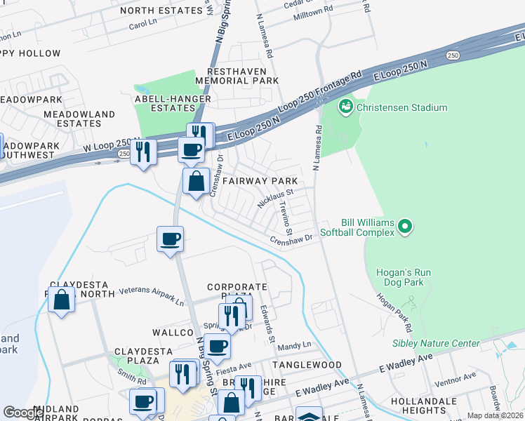 map of restaurants, bars, coffee shops, grocery stores, and more near 4306 Nicklaus Street in Midland