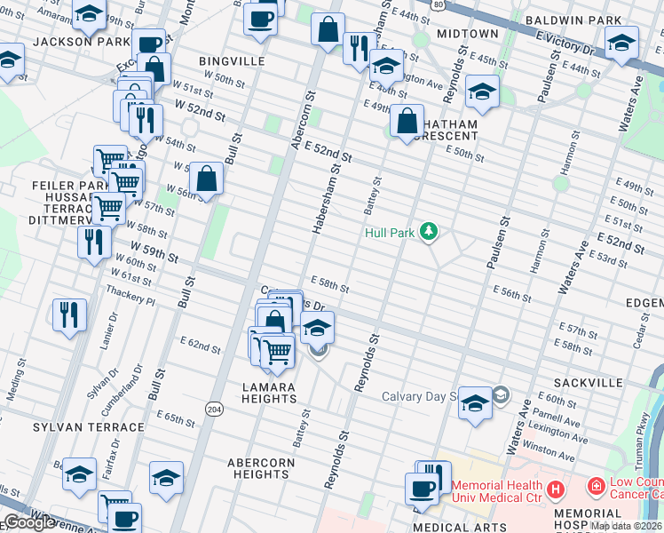 map of restaurants, bars, coffee shops, grocery stores, and more near 209 East 57th Street in Savannah