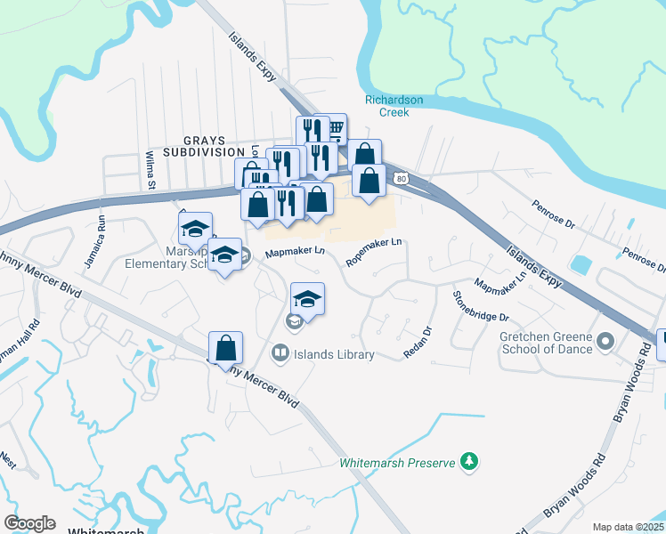 map of restaurants, bars, coffee shops, grocery stores, and more near 303 Mapmaker Lane in Savannah