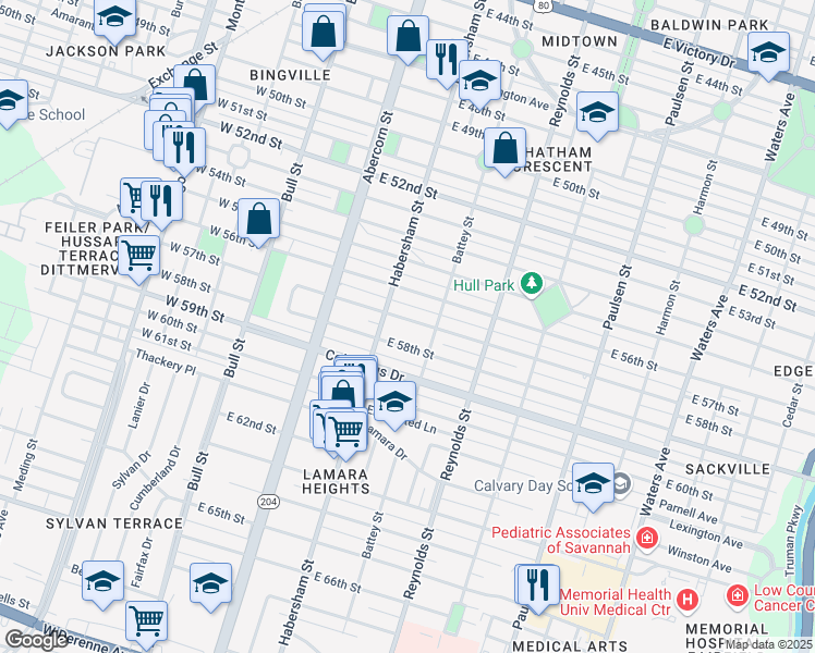 map of restaurants, bars, coffee shops, grocery stores, and more near 209 East 57th Street in Savannah
