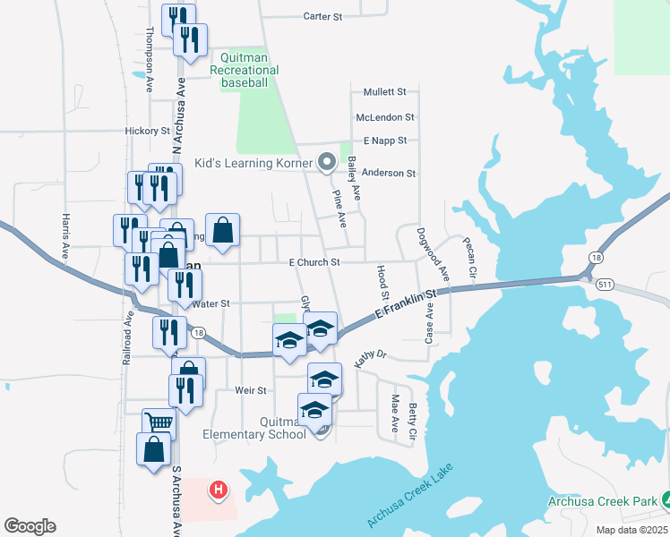 map of restaurants, bars, coffee shops, grocery stores, and more near 400 East Church Street in Quitman