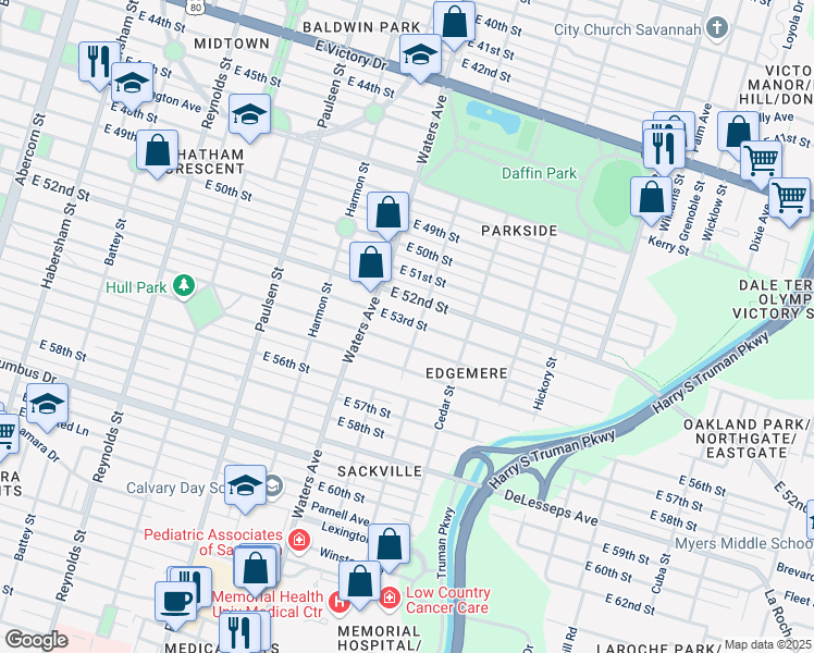 map of restaurants, bars, coffee shops, grocery stores, and more near 1125 East 53rd Street in Savannah