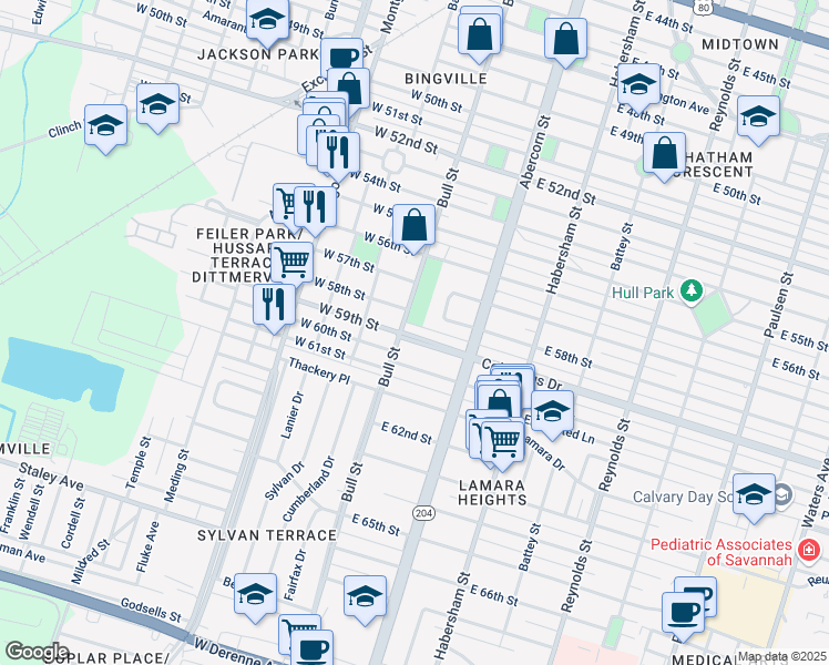 map of restaurants, bars, coffee shops, grocery stores, and more near 6 Columbus Drive in Savannah