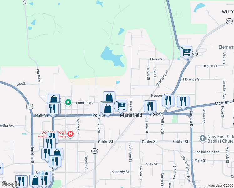 map of restaurants, bars, coffee shops, grocery stores, and more near 911 Pegues Street in Mansfield