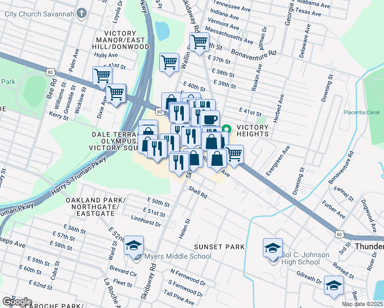 map of restaurants, bars, coffee shops, grocery stores, and more near 3009 Skidaway Road in Savannah
