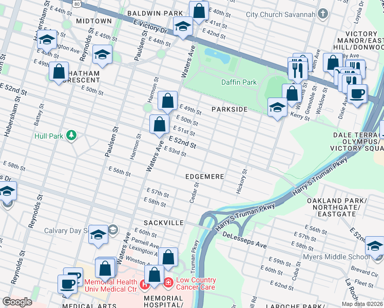 map of restaurants, bars, coffee shops, grocery stores, and more near 1214 East 53rd Street in Savannah